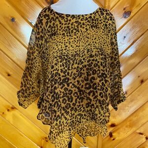 Sterling Styles Women's Leopard Print Sheer Kimono Top Gold Metallic Accent